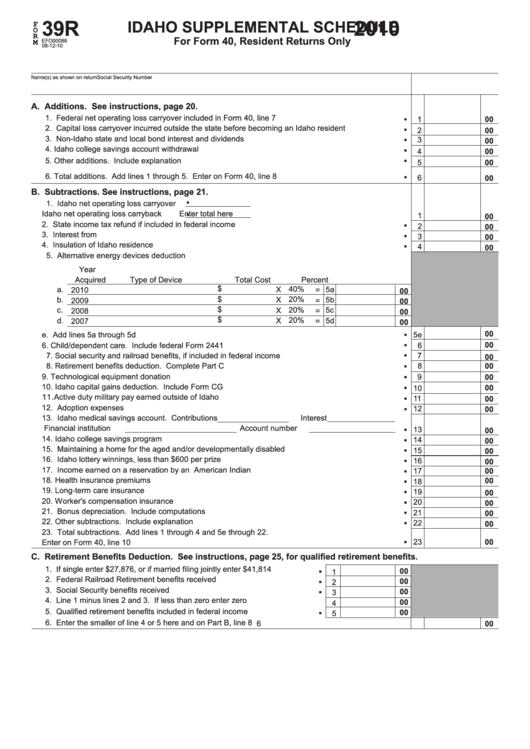 Form 39r - Idaho Supplemental Schedule For Form 40 - 2010 Printable pdf