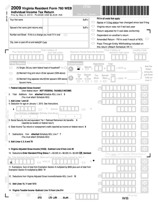 Virginia Resident Form 760 Web - Individual Income Tax Return - 2009 Printable pdf