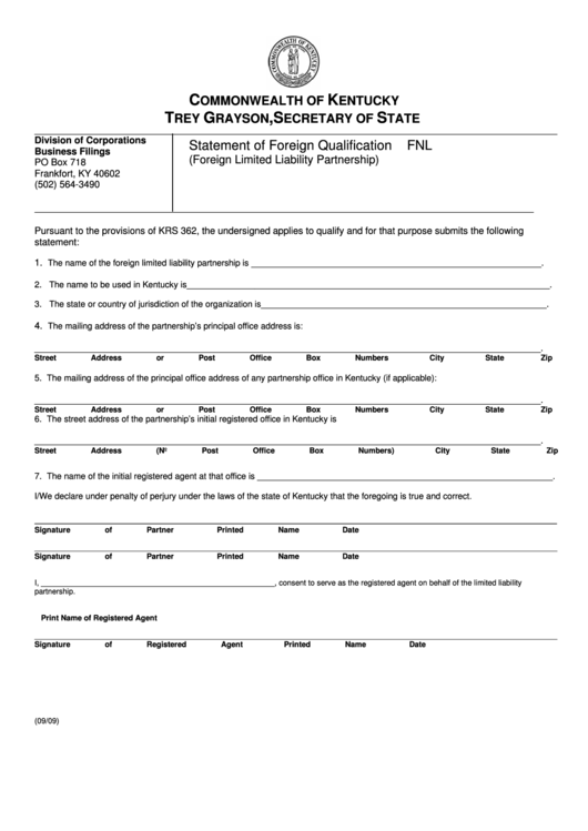 Fillable Form Fnl - Statement Of Foreign Qualification Printable pdf