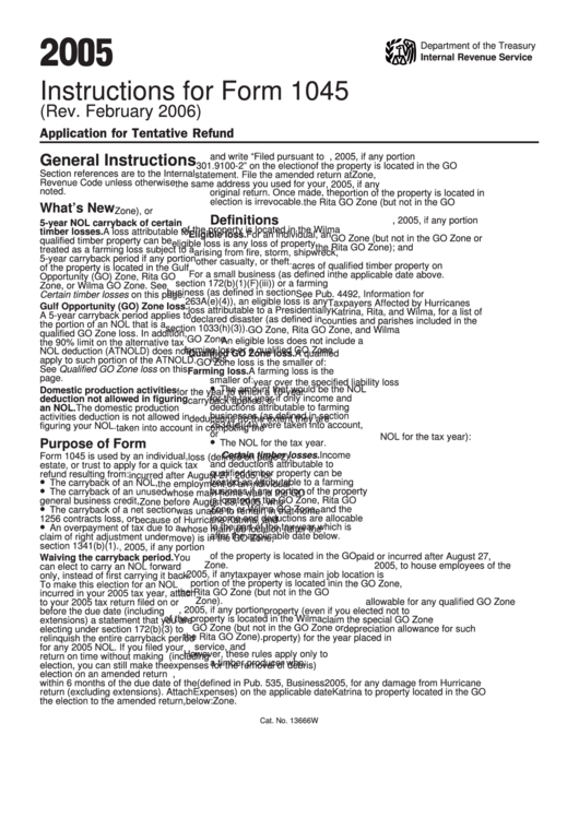 Instructions For Form 1045 (Rev. February 2006) - 2005 Printable pdf