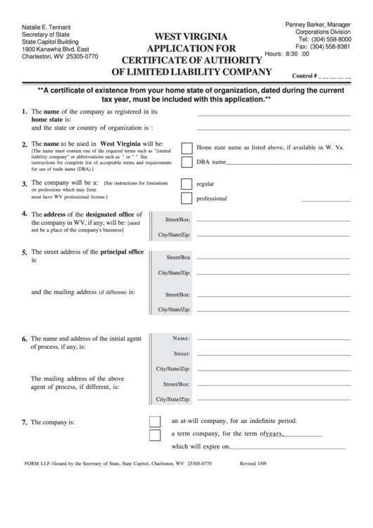 Fillable Form Llf-1 - Application For Certificate Of Authority Of Limited Liability Company Printable pdf