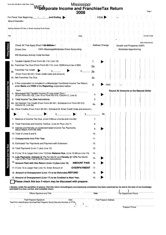 Form 83-105-08-8-1-000 - Corporate Income And Franchise Tax Return - 2008 Printable pdf