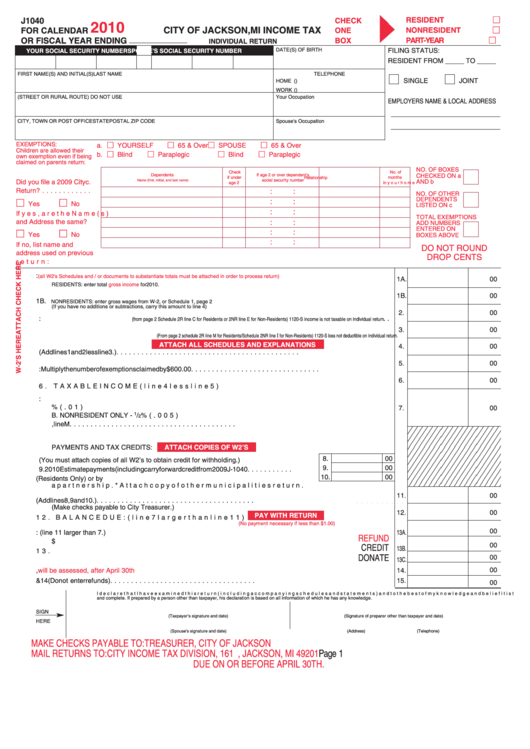 Form J1040 - Income Tax Individual Return - City Of Jackson - 2010 Printable pdf