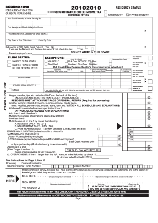 Form Bc-1040 - Income Tax Individual Return - 2010 Printable pdf