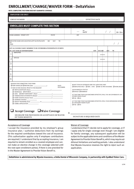 Enrollment/change/waiver Form - Deltavision Printable pdf