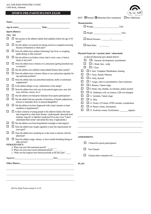 Sports Pre-Participation Exam Form Printable pdf