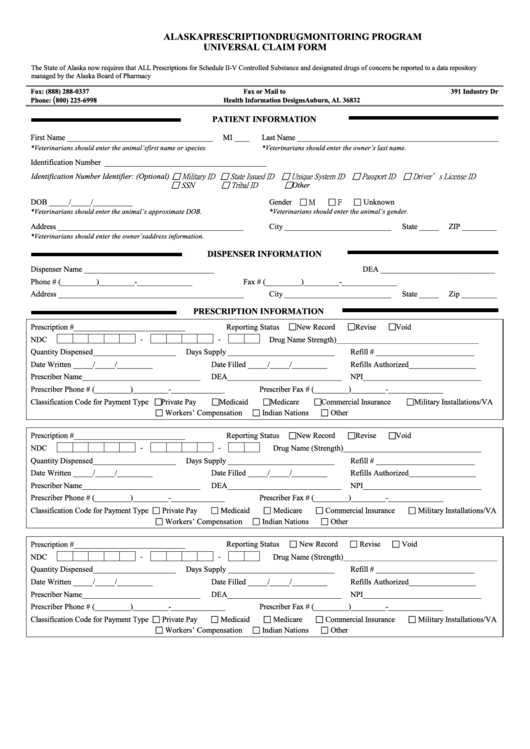 Alaska Prescription Drug Monitoring Program Universal Claim Form Printable pdf