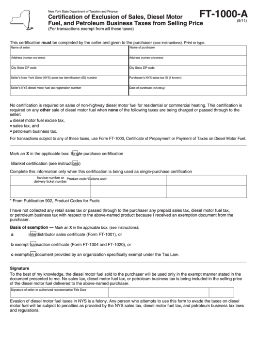 Form Ft-1000-A - Certification Of Exclusion Of Sales, Diesel Motor Fuel, And Petroleum Business Taxes From Selling Price Printable pdf