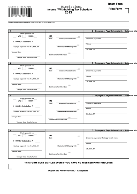 Fillable Form 80-107-13-8-1-000 - Income / Withholding Tax Schedule - 2013 Printable pdf