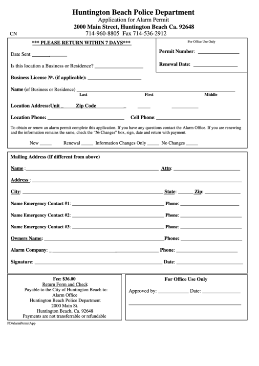 Fillable Application For Alarm Permit Form - Huntington Beach Police Department Printable pdf
