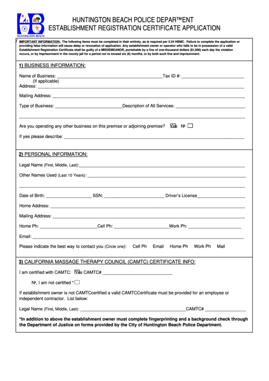 Fillable Establishment Registration Certificate Application Form - Huntington Beach Police Department Printable pdf