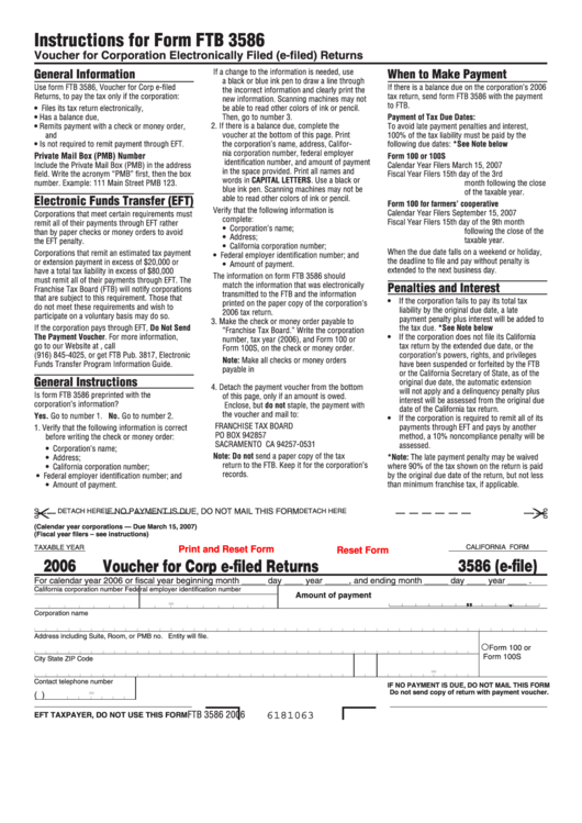Fillable California Form 3586 (E-File) - Voucher For Corp E-Filed Returns - 2006 Printable pdf