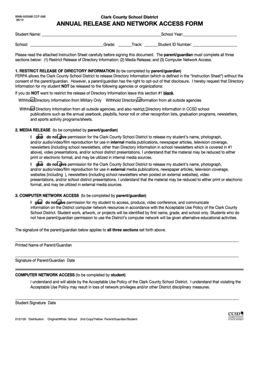 Form Ccf-588 - Annual Release And Network Access Form - Clark County School District