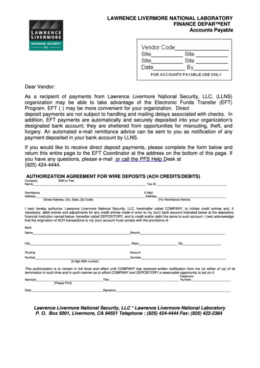 Fillable Authorization Agreement For Wire Deposits (Ach Credits/debits) Form - Lawrence Livermore National Laboratory Finance Department Printable pdf