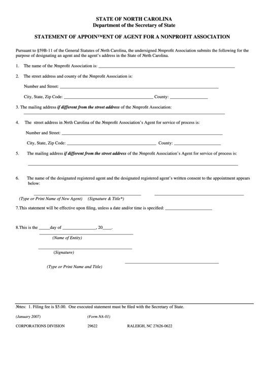 Form Na-01 - Statement Of Appointment Of Agent For A Nonprofit Association Printable pdf