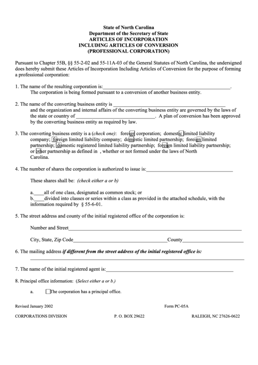 Fillable Form Pc-05a - Articles Of Incorporation Including Articles Of Conversion (Professional Corporation) - Nc Secretary Of State - 2002 Printable pdf