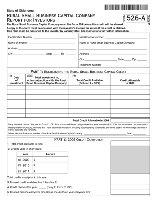 Fillable Form 526-A - Rural Small Business Capital Company Report For Investors - 2009 Printable pdf