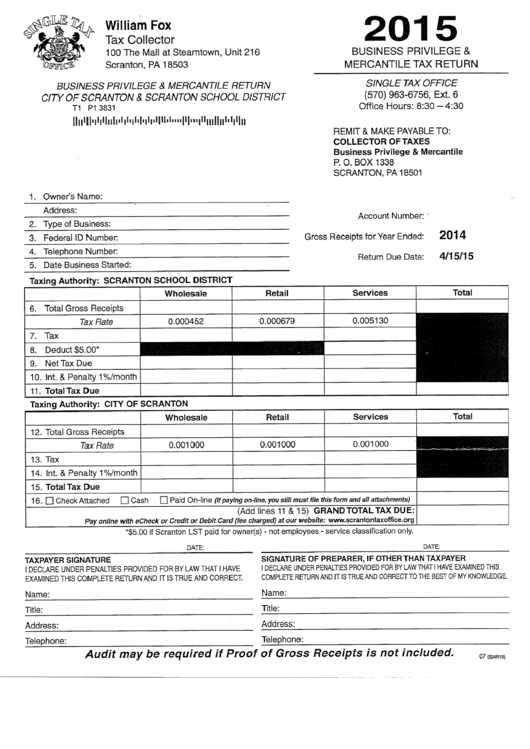 Business Privilege & Mercantile Tax Return Form 2015 - Pennsylvania Printable pdf