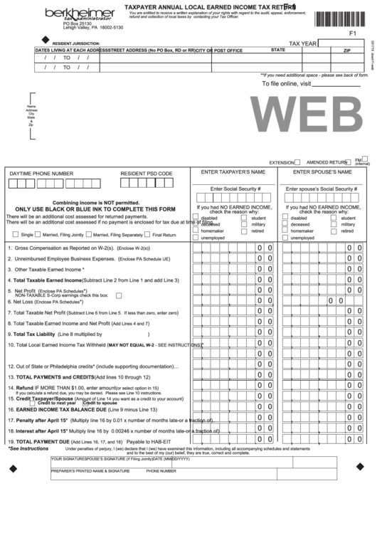 Fillable Form F-1 - Taxpayer Annual Local Earned Income Tax Return Printable pdf