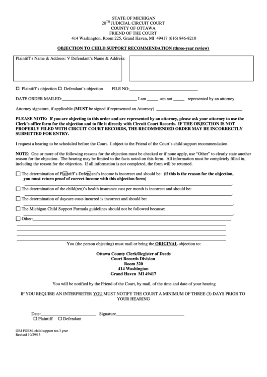 Fillable Objection To Child Support Recommendation Printable pdf