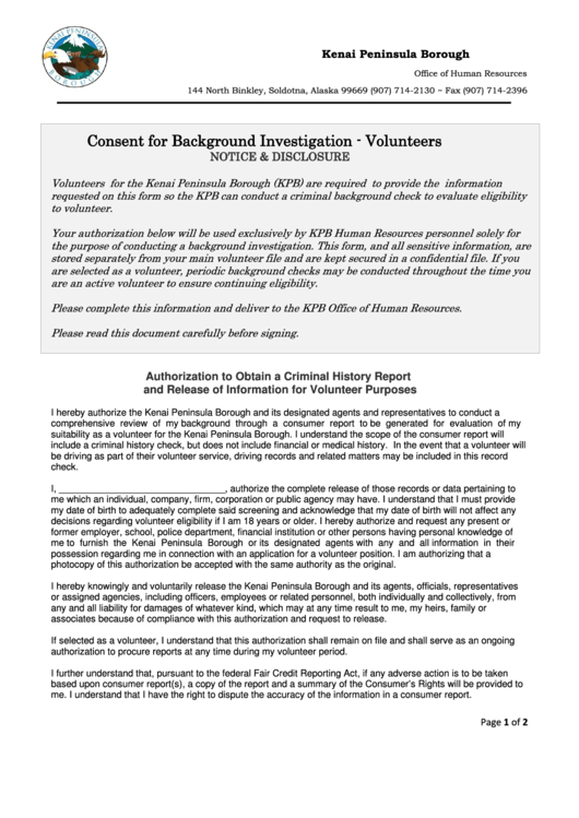 Consent For Background Investigation - Volunteers - 2014 Printable pdf