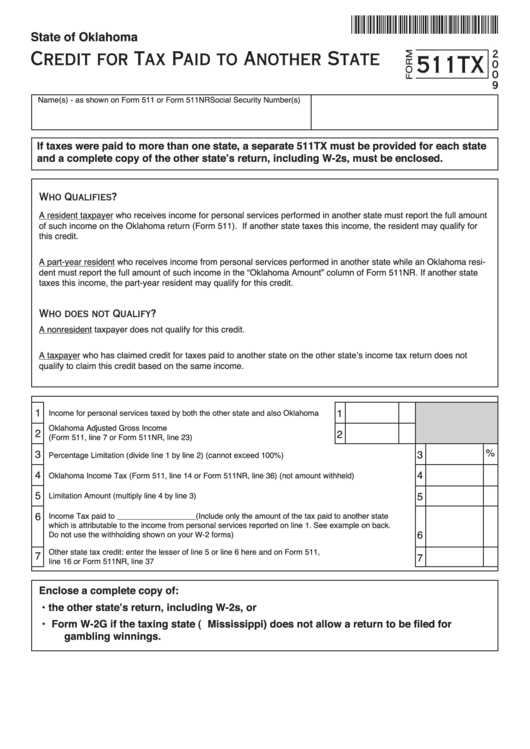 Fillable Form 511tx - Credit For Tax Paid To Another State - 2009 Printable pdf
