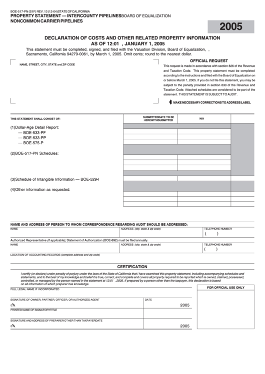 Fillable Form Boe-517-Pn - Property Statement - Intercounty Pipelines Noncommon Carrier Pipelines - California Board Of Equalization Printable pdf