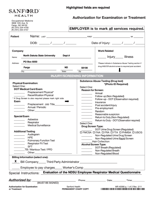Fillable Authorization For Examination Or Treatment Chart Printable pdf