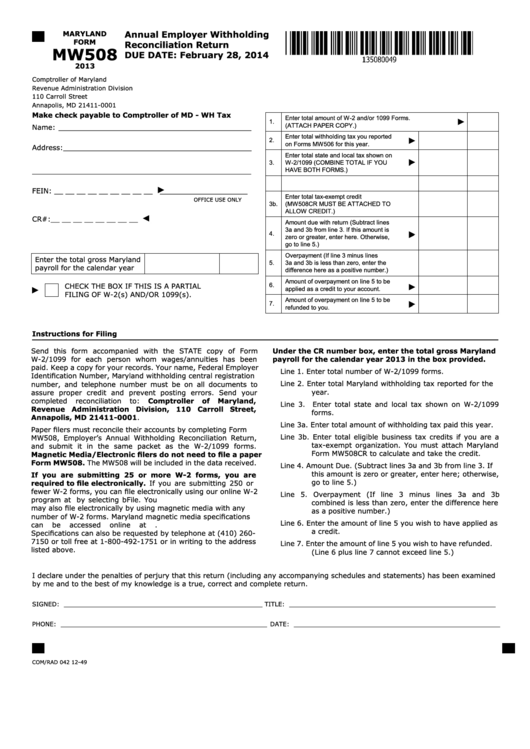 Fillable Form Mw508 - Annual Employer Withholding Reconciliation Return - 2013 Printable pdf