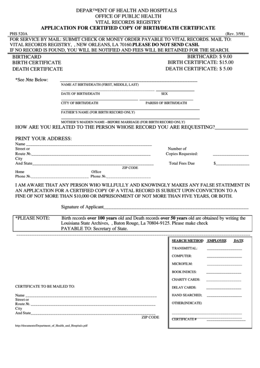 Application For Certified Copy Of Birth/death Certificate Form Printable pdf