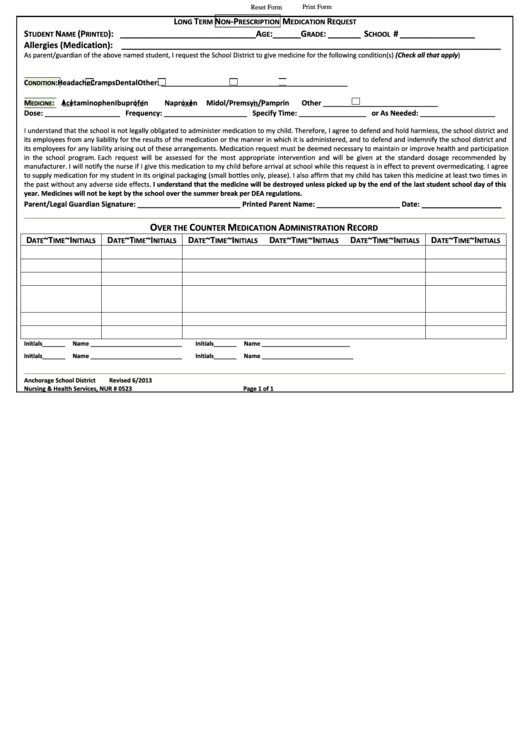 Fillable Long Term Non-Prescription Medication Request Form Printable pdf