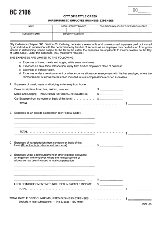 Form Bc 2106 - Unreimbursed Employee Business Expenses - City Of Battle ...