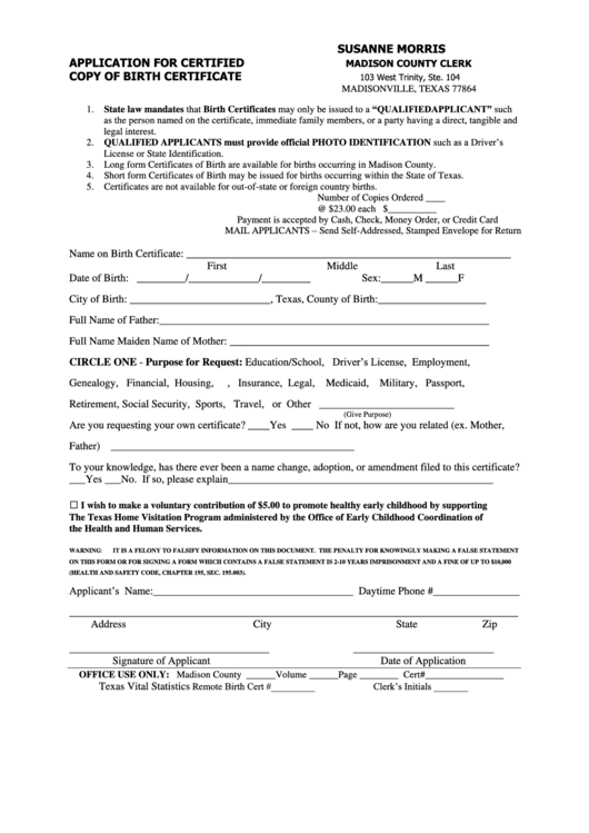 Application For Certified Copy Of Birth Certificate - Madison County Clerk - Texas Printable pdf