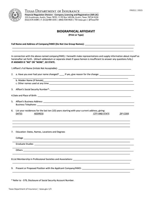 Fillable Form Fin311 - Biographical Affidavit Printable pdf