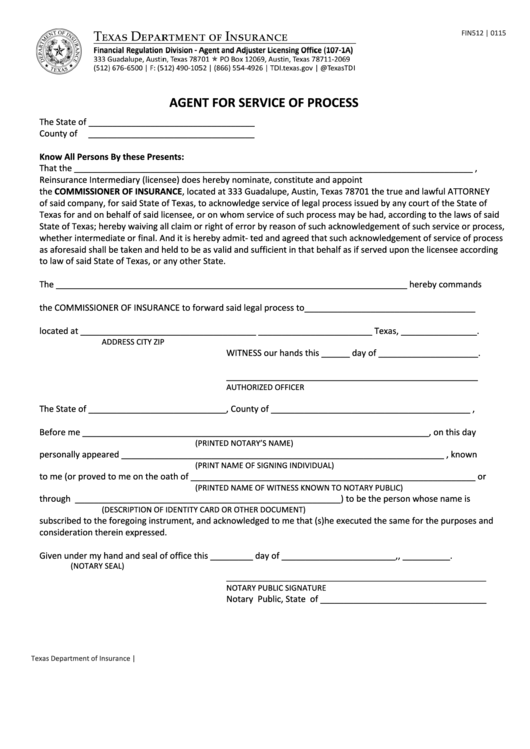 Fillable Form Fin512 - Agent For Service Of Process - Texas Department Of Insurance Printable pdf