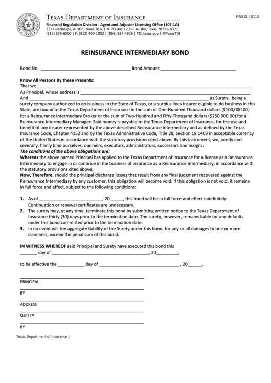 Fillable Form Fin513 - Reinsurance Intermediary Bond - Texas Department Of Insurance Printable pdf