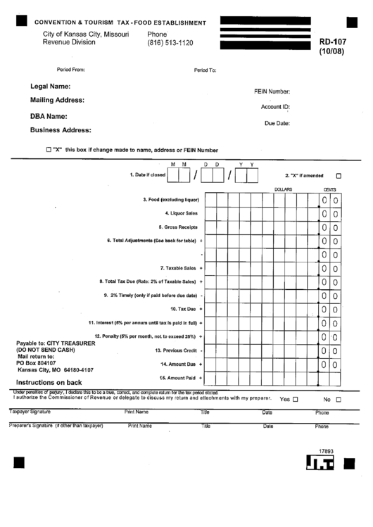 Fillable Form Rd-107 - Convention & Tourism Tax - Food Establishment Printable pdf