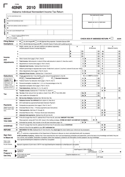 Form 40nr - Alabama Individual Nonresident Income Tax Return - 2010 Printable pdf