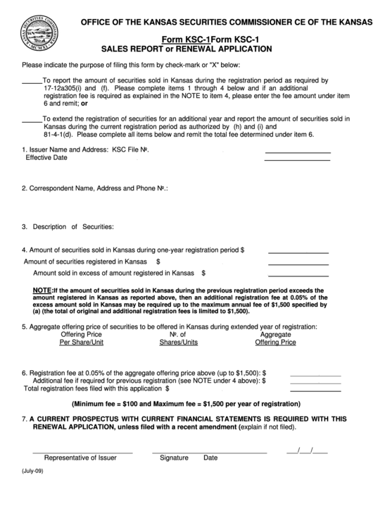Form Ksc-1 - Sales Report Or Renewal Application Printable pdf