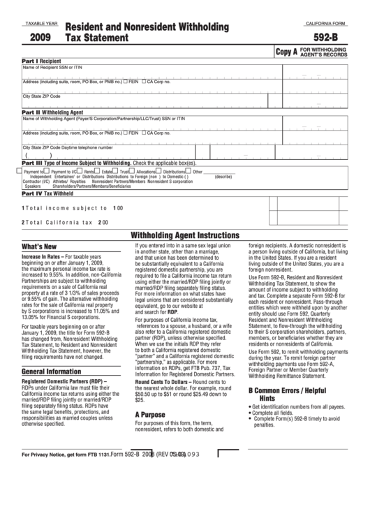 Fillable California Form 592-B - Resident And Nonresident Withholding Tax Statement - 2009 Printable pdf