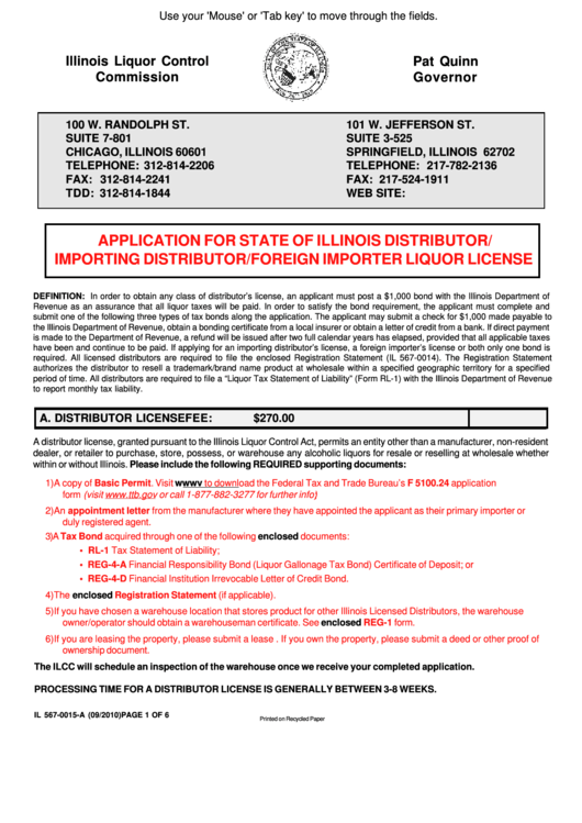 Fillable Form Il 567-0015-A - Application For State Of Illinois Distributor/ Importing Distributor/foreign Importer Liquor License Printable pdf