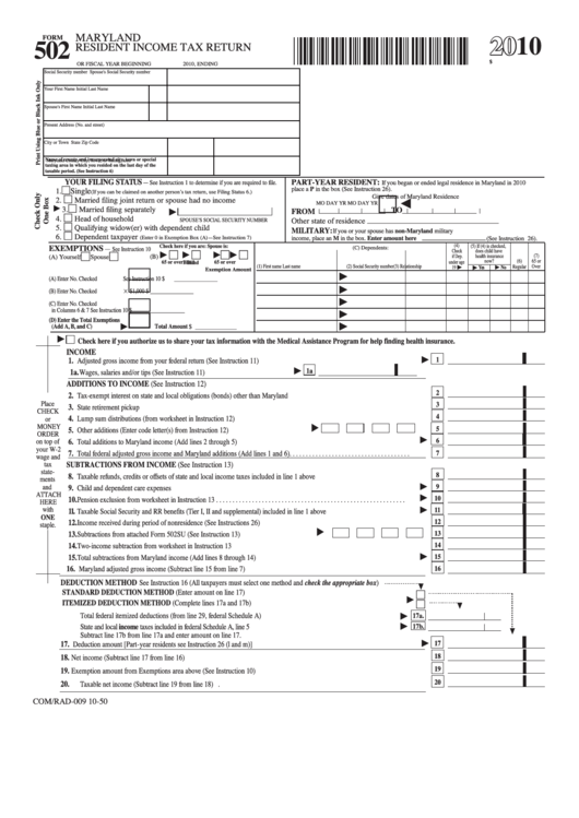 Fillable Form 502 - Maryland Resident Income Tax Return - 2010 Printable pdf