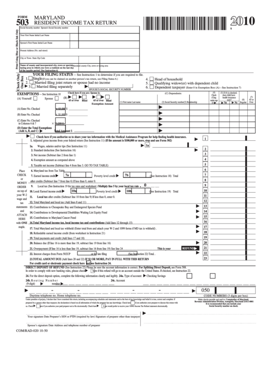 Fillable Form 503 - Maryland Resident Income Tax Return - 2010 Printable pdf