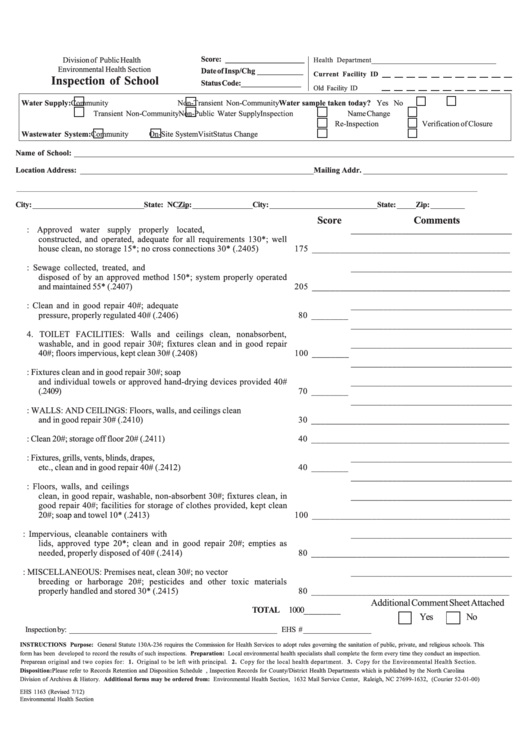 Form Ehs 1163 - Inspection Of School - N.c. Department Of Health And Human Services Printable pdf