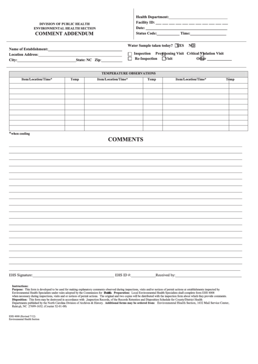 Form Ehs 4008 - Comment Addendum - N.c. Department Of Health And Human Services Printable pdf