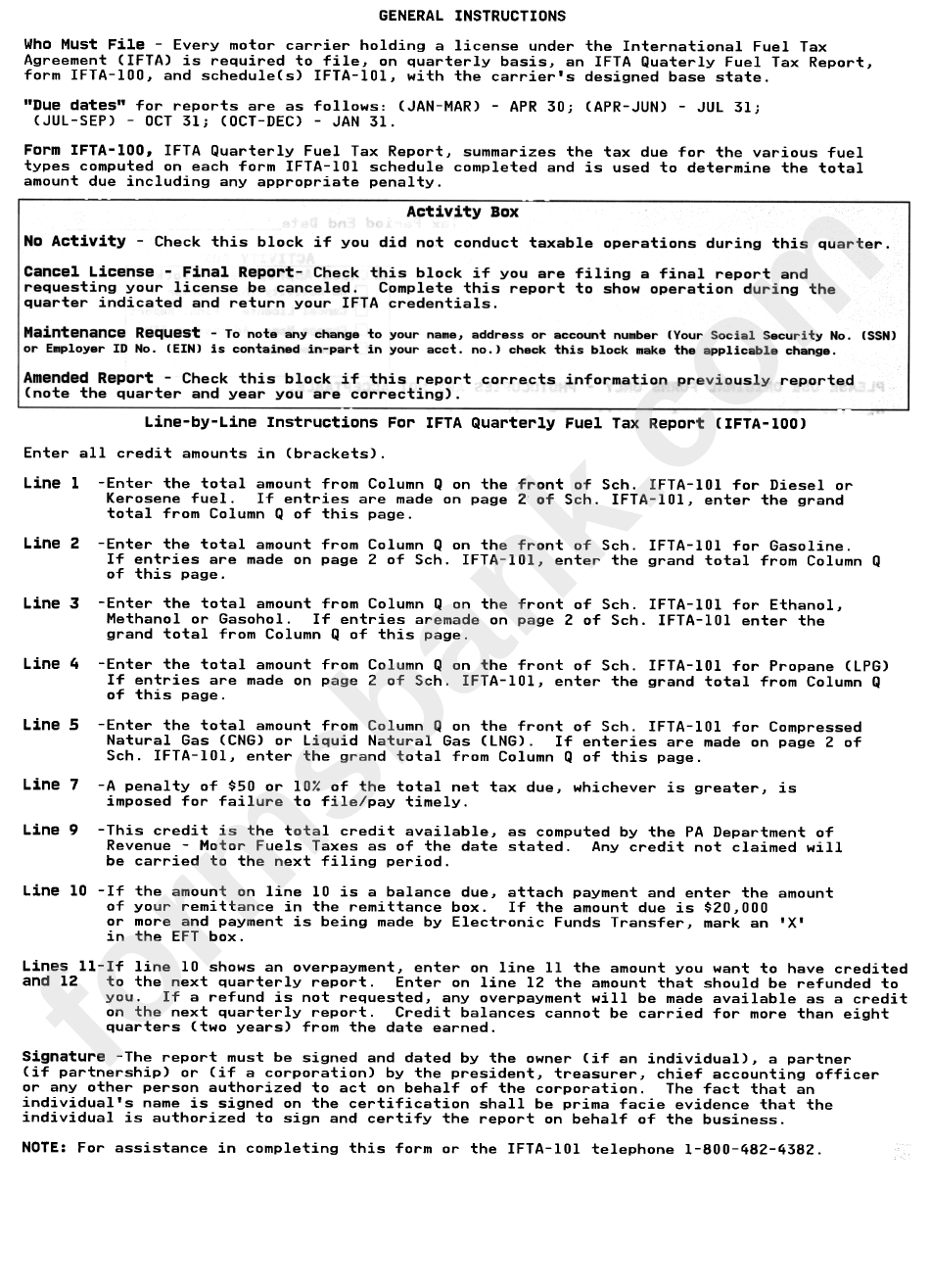 Instructions For Form Ifta-100 - Quarterly Fuel Tax Report