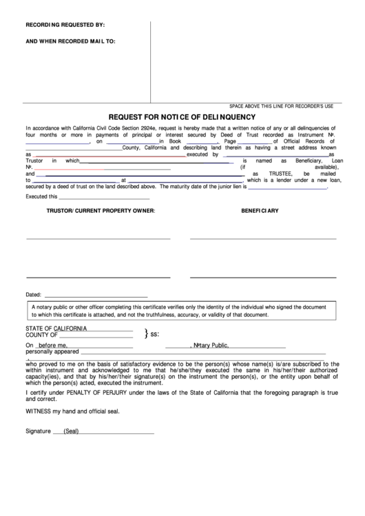 Fillable Request For Notice Of Delinquency Form - State Of California Printable pdf