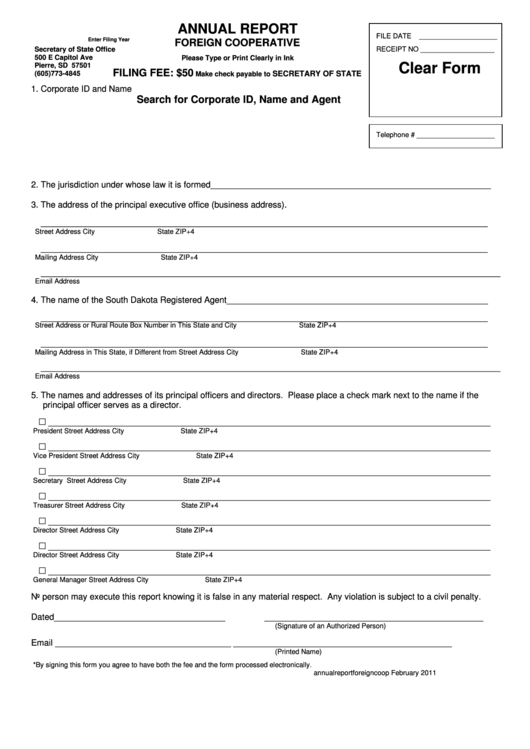 Fillable Annual Report Foreign Cooperative Form - 2011 Printable pdf