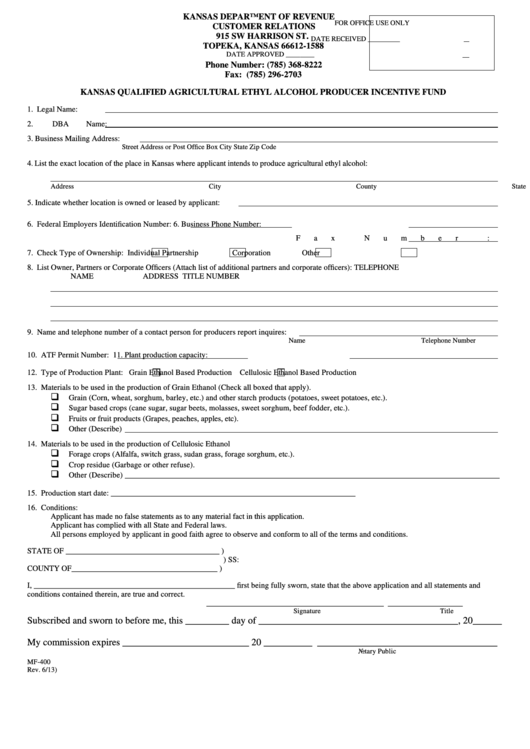 Fillable Form Mf-400 - Kansas Qualified Agricultural Ethyl Alcohol Producer Incentive Fund - Kansas Department Of Revenue Printable pdf