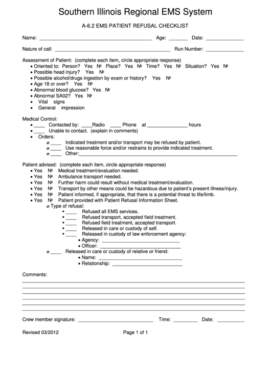 A-6.2 Ems Patient Refusal Checklist - Southern Illinois Regional Ems ...